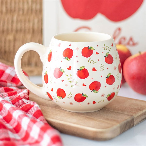 Beige ceramic mug with red apple print – Panache Homeware Kitchen Collection, rustic farmhouse cottagecore coffee cup