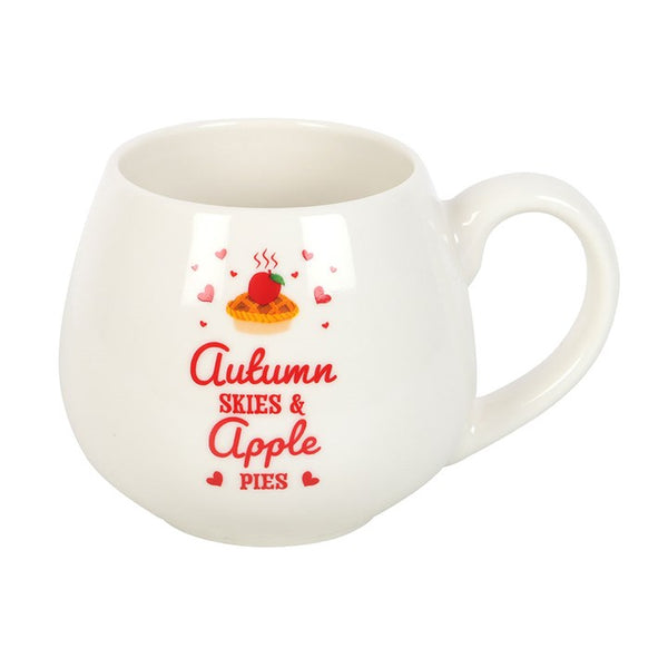 Autumn-inspired ceramic mug with seasonal quote ‘Autumn Skies & Apple Pies’ – Panache Homeware Kitchen Collection, farmhouse style coffee mug, perfect gift.