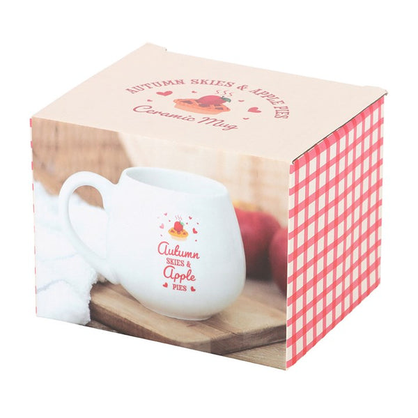 Rustic white ceramic mug with autumn-themed text ‘Autumn Skies & Apple Pies’ – Panache Homeware Kitchen Collection, fall cottagecore tea mug, perfect gift.