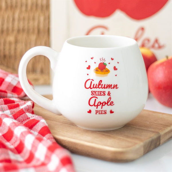 White ceramic mug with red and green ‘Autumn Skies & Apple Pies’ text – Panache Homeware Kitchen Collection, rustic fall coffee cup, perfect gift