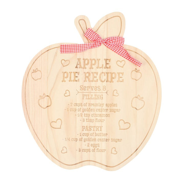 Wooden apple-shaped serving board with engraved apple pie recipe and red ribbon – Panache Homeware Kitchen Collection, rustic cottagecore kitchen gift.