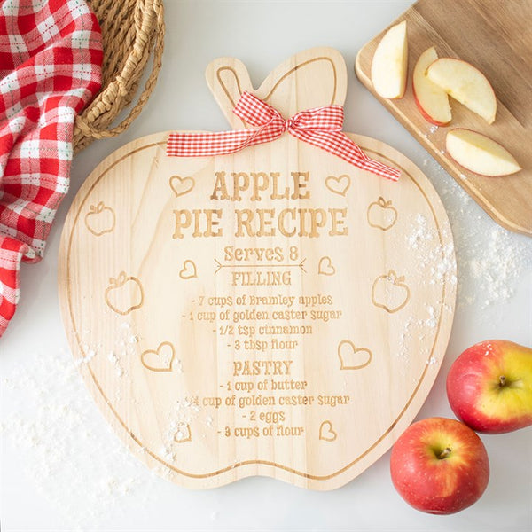 Wooden apple-shaped serving board with apple pie recipe and gingham bow – Panache Homeware Kitchen Collection, rustic cottagecore kitchen decor.