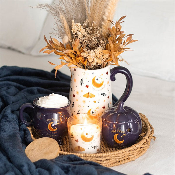 Decorative tray with ceramic mugs, candle and pumpkin-shaped pot – Panache Homeware Kitchen Collection, cozy autumn cottagecore decor.