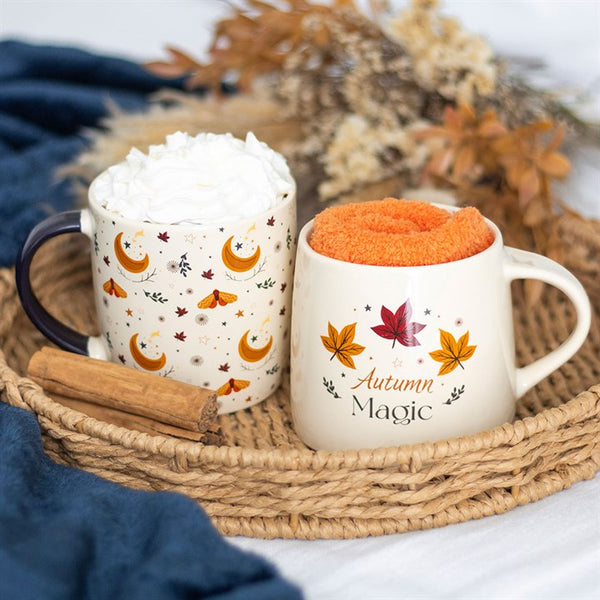 Harvest moon ivory ceramic mug with autumn design – Panache Homeware Kitchen Collection, rustic fall coffee cup, perfect gift idea.