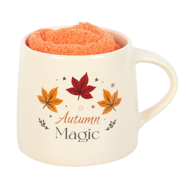 Ceramic mug with Autumn Magic text and autumn leaf illustrations, bundled with socks – Panache Homeware Kitchen Collection, rustic fall gift set, perfect gift idea