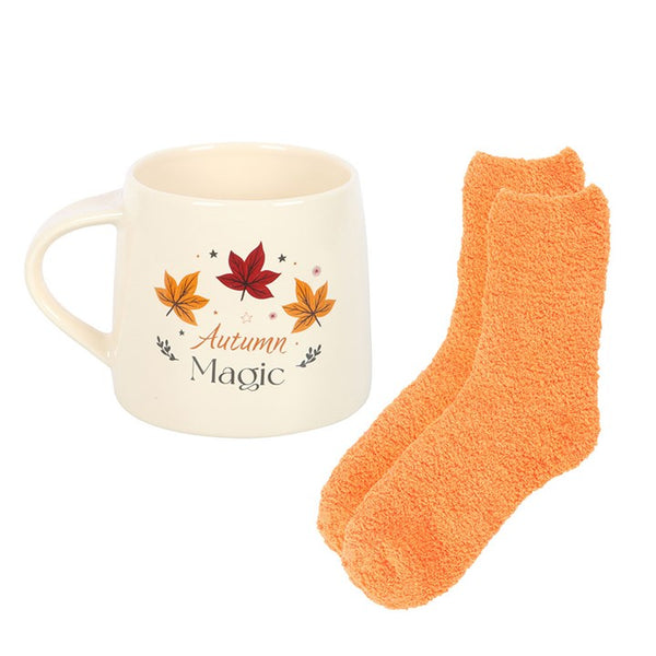 Autumn Magic white mug with colorful leaves and orange socks – Panache Homeware Kitchen Collection, seasonal cozy mug and socks gift set, perfect gift.