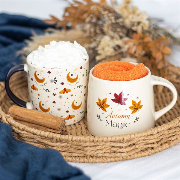 Autumn Magic ceramic mug with leaf design and matching socks – Panache Homeware Kitchen Collection, seasonal autumn coffee cup set, perfect gift.