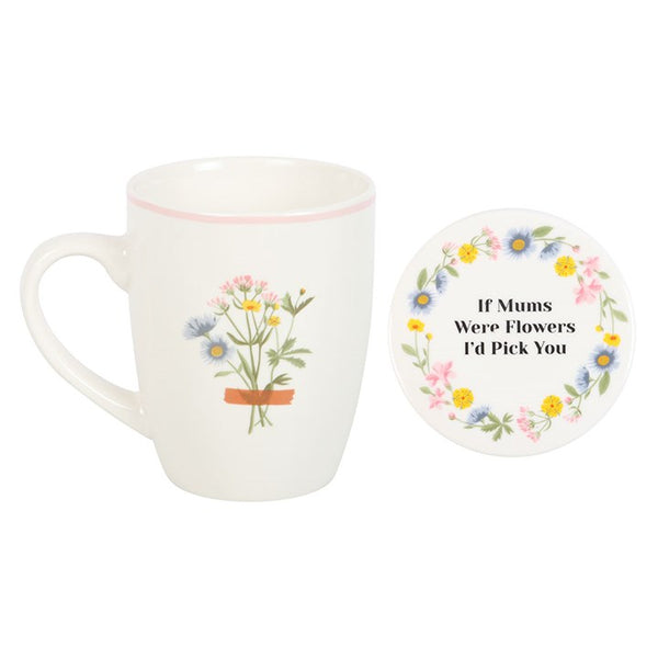 White ceramic mug with floral design and matching coaster – Panache Homeware Kitchen Collection, elegant cottagecore tea mug.
