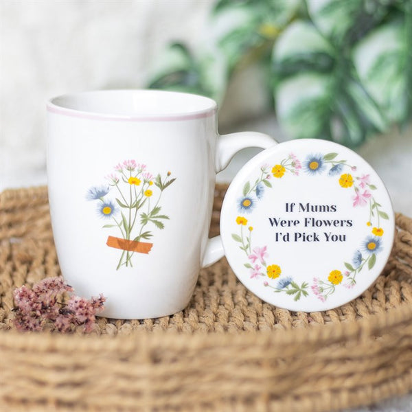 White ceramic floral mug with matching coaster – ‘If Mums Were Flowers, I’d Pick You’ design, Panache Homeware Kitchen Collection, thoughtful gift for mums.