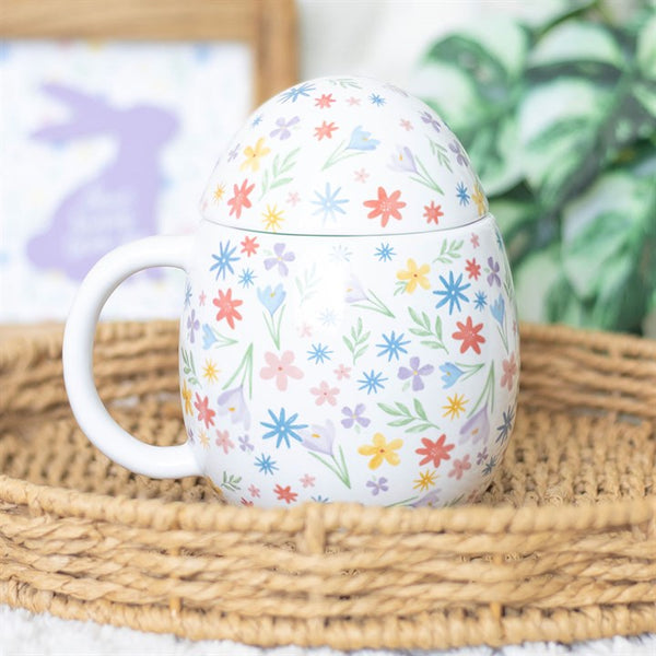 “Ceramic egg-shaped mug with pastel floral print – Panache Homeware Kitchen Collection, cute spring cottagecore coffee cup