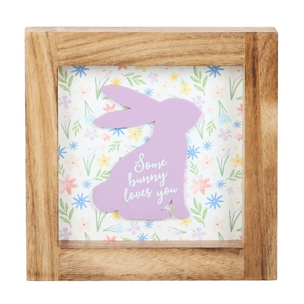Some Bunny Loves You wooden frame sign with floral design and rabbit motif – Panache Homeware Kitchen Collection, rustic cottagecore home decor, perfect gift idea.