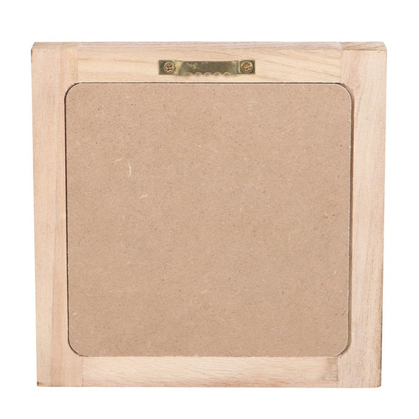 Back view of a wooden frame with a metallic component.