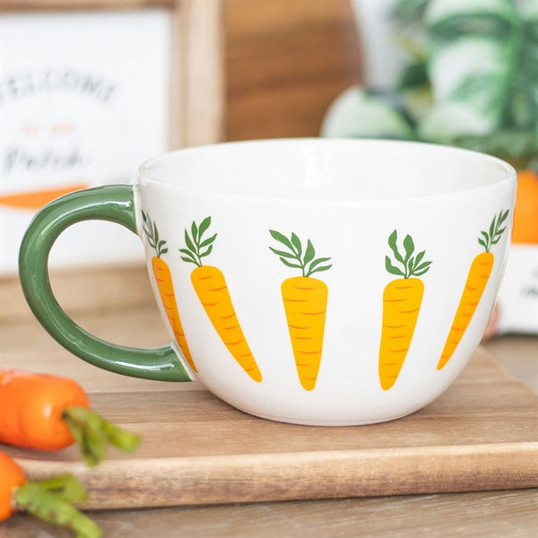 Oversized white ceramic mug with green handle and orange carrot designs – Panache Homeware Kitchen Collection, cute farmhouse cottagecore coffee cup.