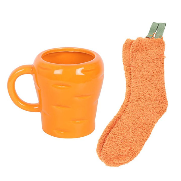 Orange ceramic carrot mug with decorative carrot accent and socks – Panache Homeware Kitchen Collection, whimsical farmhouse coffee cup, perfect gift idea