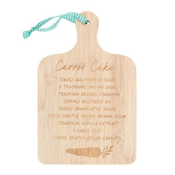 Wooden cutting board with engraved carrot cake recipe and carrot design – Panache Homeware Kitchen Collection, rustic cottagecore kitchen gift.