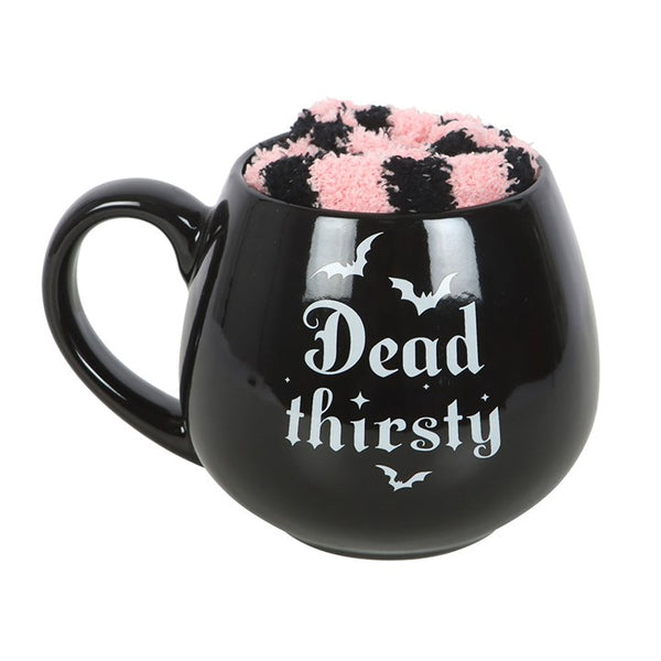 Black ceramic mug with ‘Dead Thirsty’ text and bat design – Panache Homeware Kitchen Collection, gothic Halloween coffee cup.