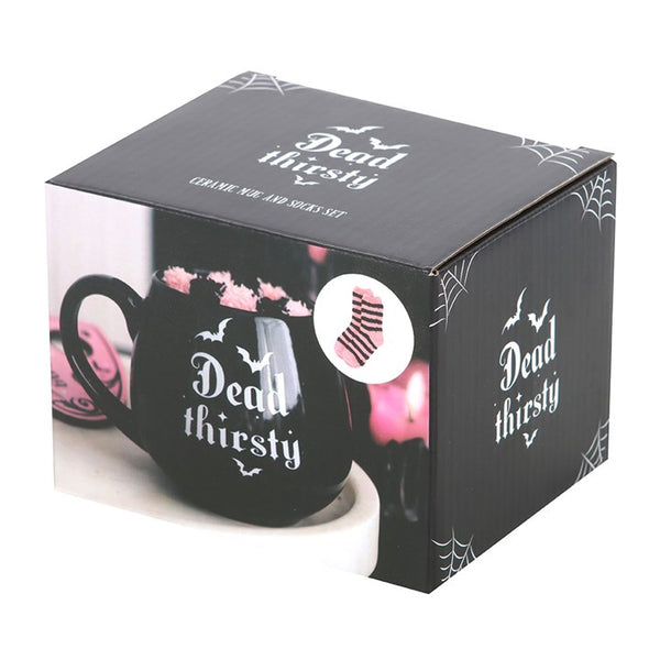 Black mug with 'Dead Thirsty' text in a Halloween theme box.