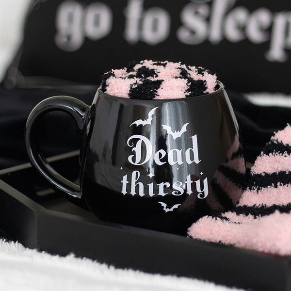 Black ceramic mug with ‘Dead Thirsty’ gothic design and matching socks – Panache Homeware Kitchen Collection, alternative cottagecore coffee cup gift set