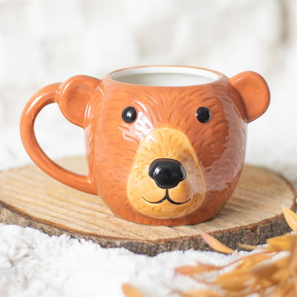 Brown bear-shaped ceramic mug with friendly facial expression – Panache Homeware Kitchen Collection, cute animal cottagecore coffee cup.