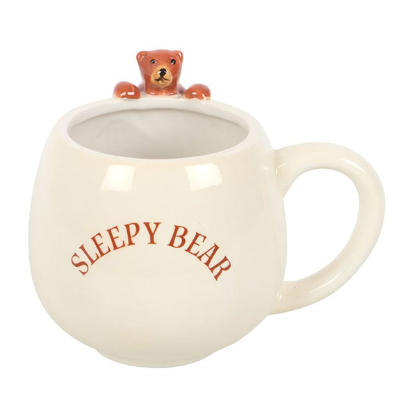 Sleepy Bear rounded ceramic mug with mini bear figurine detail – Panache Homeware Kitchen Collection, cute animal cottagecore tea mug, perfect gift idea.