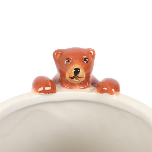 White ceramic Sleepy Bear mug with bear figurine on rim – Panache Homeware Kitchen Collection, novelty woodland coffee cup, perfect gift.
