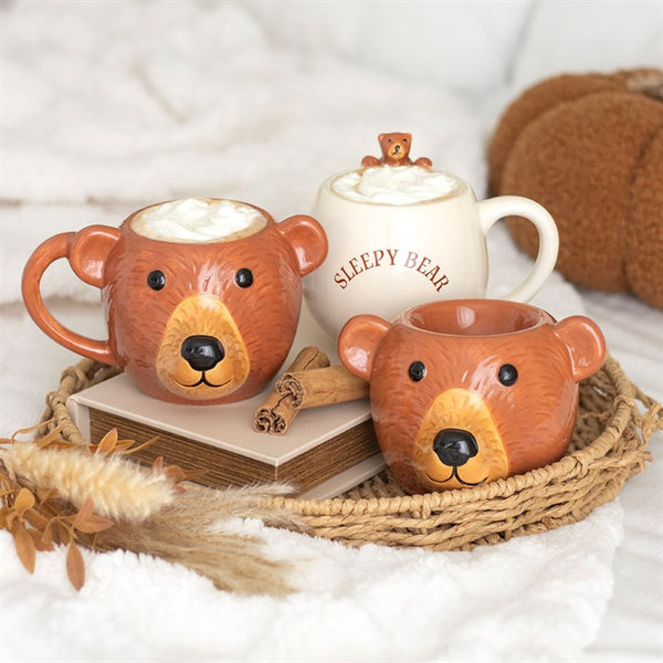 White ceramic rounded Sleepy Bear mug featuring small bear figurine – Panache Homeware Kitchen Collection, rustic woodland style coffee cup, perfect gift
