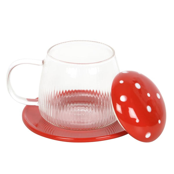 Clear glass mug with red lid and matching coaster – Panache Homeware Kitchen Collection, modern cottagecore tea cup