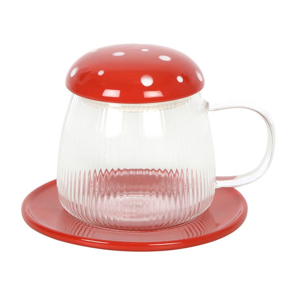 Clear glass mug with red lid and base – Panache Homeware Kitchen Collection, stylish cottagecore tea mug.