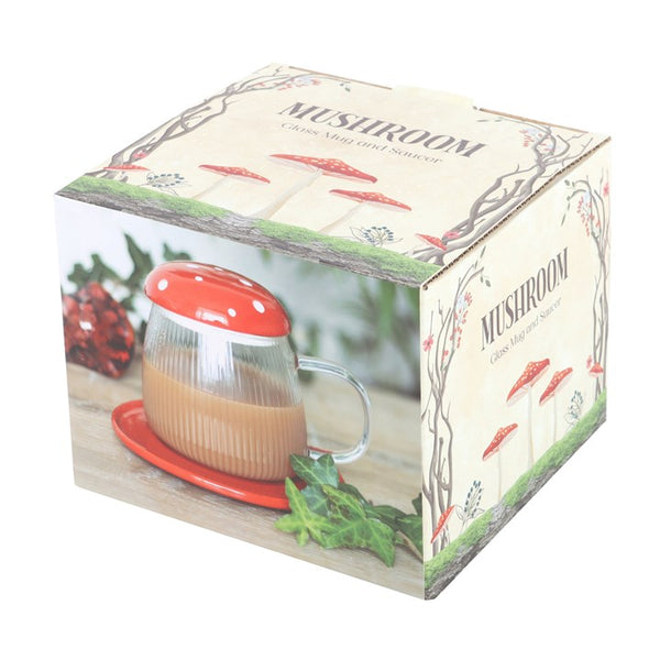 Ceramic mug with red mushroom lid in gift packaging – Panache Homeware Kitchen Collection, cute cottagecore mug for gifting.