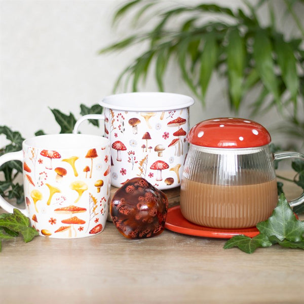 Set of two ceramic mugs with mushroom pattern – Panache Homeware Kitchen Collection, cozy cottagecore coffee mugs.