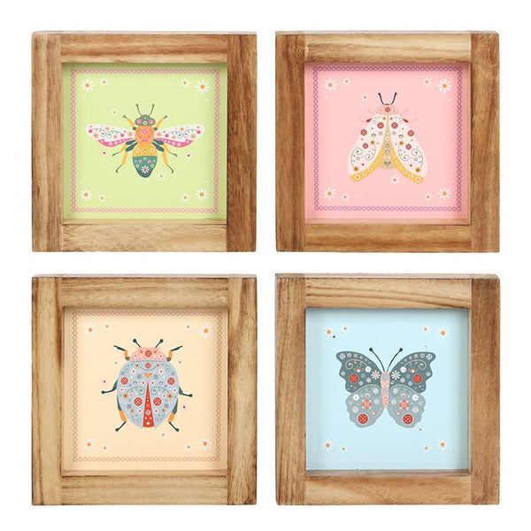 Set of 4 floral bug framed wall art prints with bee, butterfly, ladybird and moth designs in pastel colours – Panache Homeware Kitchen Collection, whimsical cottagecore wall decor, feminine nature-inspired artwork, perfect gift