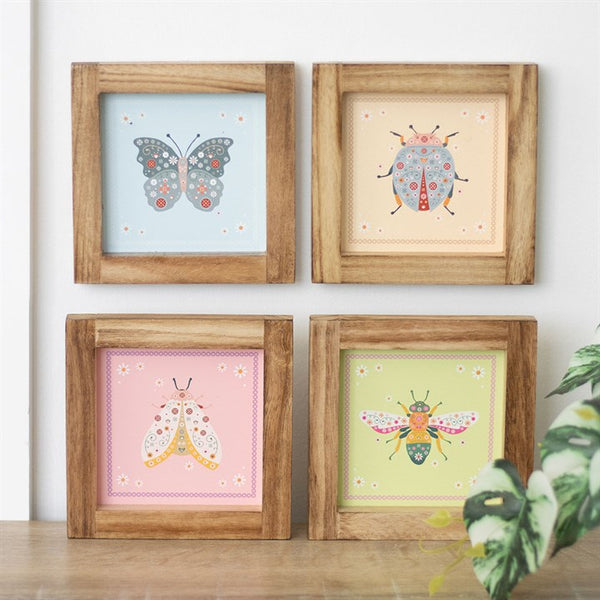 Set of 4 floral bug framed wall art prints with bee, butterfly, ladybird and moth designs in pastel colours – Panache Homeware Kitchen Collection, whimsical cottagecore wall decor, feminine nature-inspired artwork, perfect gift