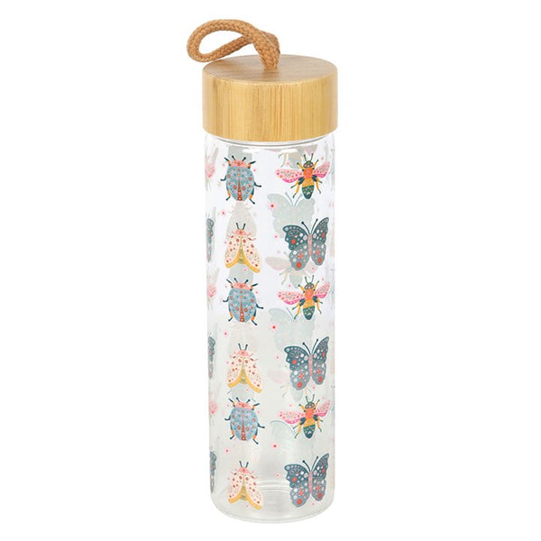 Floral Bug Print Glass Water Bottle