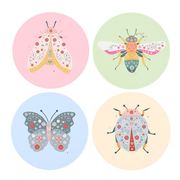 Four colorful circular illustrations of insects on a white background.