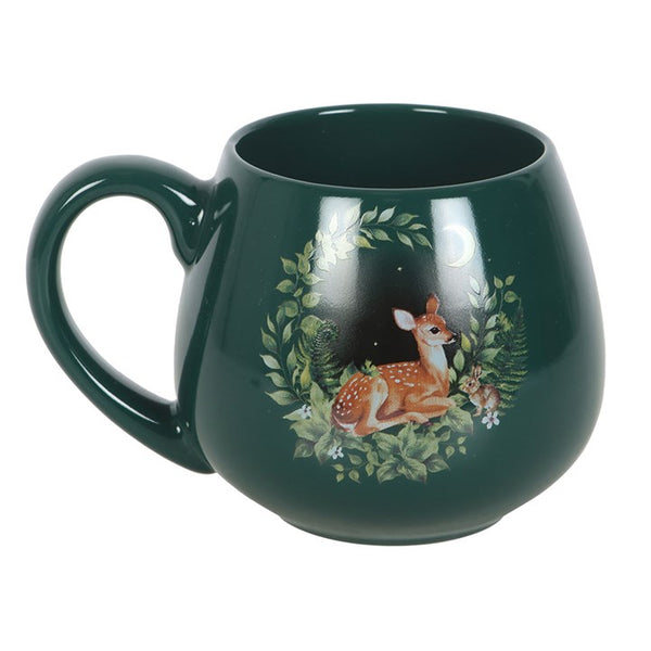 Green ceramic mug with deer and floral design – Panache Homeware Kitchen Collection, woodland cottagecore coffee cup.