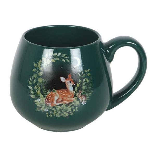 Green ceramic mug with deer and floral design – Panache Homeware Kitchen Collection, rustic woodland cottagecore coffee cup.