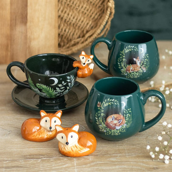 Set of green ceramic mugs with fox-themed designs – Panache Homeware Kitchen Collection, woodland cottagecore coffee cups