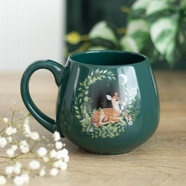 Green ceramic mug with fawn and leaves pattern – Panache Homeware Kitchen Collection, woodland cottagecore coffee cup.