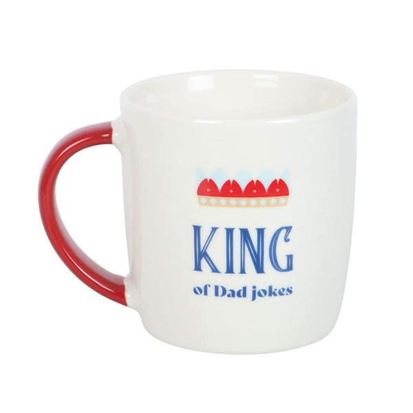 Humorous white ceramic mug with King of Dad Jokes text – Panache Homeware Kitchen Collection, Father’s Day novelty coffee cup, perfect gift idea.