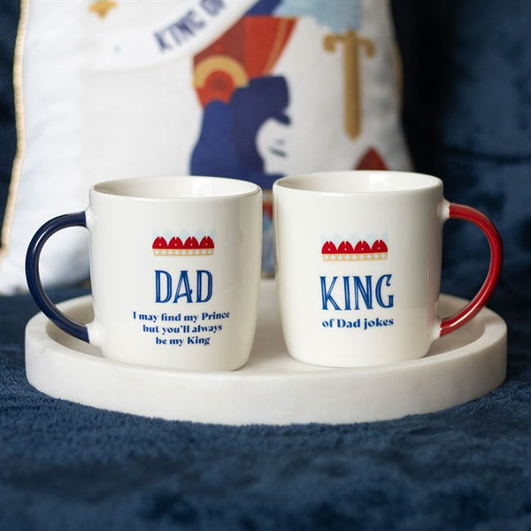 White ceramic mug with ‘King of Dad Jokes’ humorous text – Panache Homeware Kitchen Collection, novelty Father’s Day coffee cup, perfect gift.