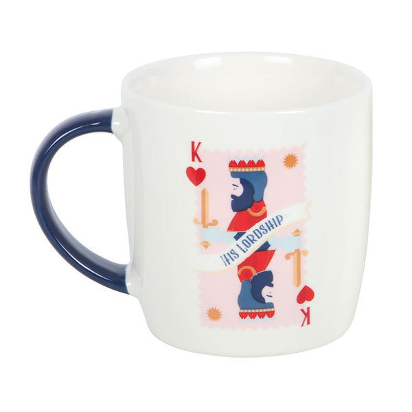 White ceramic mug with navy handle and king playing card design in red and blue – ‘His Lordship’ Panache Homeware Kitchen Collection coffee cup gift.