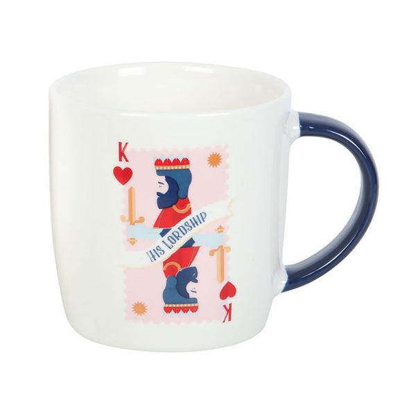 White ceramic mug with navy handle and king playing card design in red and blue – ‘His Lordship’ Panache Homeware Kitchen Collection coffee cup gift.