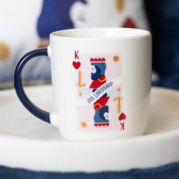 White ceramic mug with navy handle and king playing card design in red and blue – ‘His Lordship’ Panache Homeware Kitchen Collection coffee cup gift.