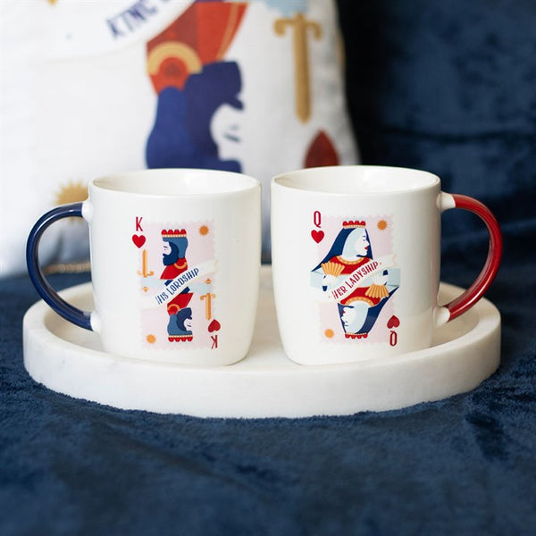 Set of two white ceramic mugs with red and navy blue handles and playing card motif – Panache Homeware Kitchen Collection, unique cottagecore coffee cups.