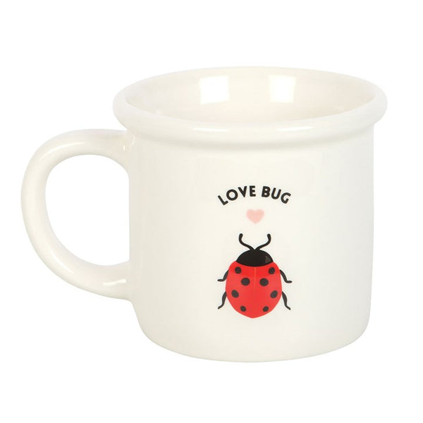 White ceramic mug with red ladybug and ‘Love Bug’ text – Panache Homeware Kitchen Collection, cute cottagecore coffee cup gift.