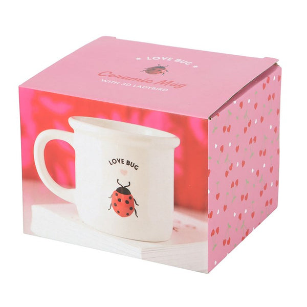 White ceramic mug with ladybug design in pink gift box – Panache Homeware Kitchen Collection, cute cottagecore mug gift for her.