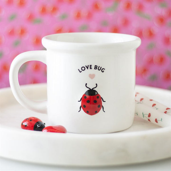 White ceramic mug with red and black ladybird design and ‘LOVE BUG’ text – Panache Homeware Kitchen Collection, cute cottagecore coffee cup gift.