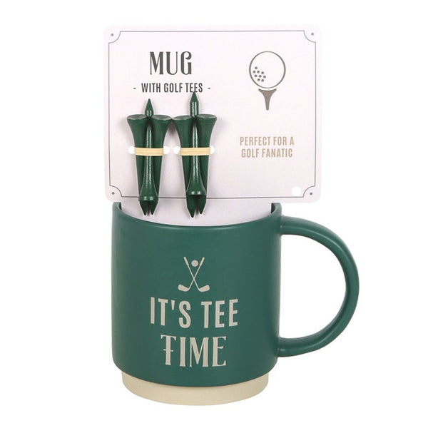 Green mug with golf tees on a white background