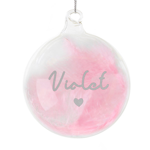 Personalised Pink Feather Silver Heart Glass Bauble