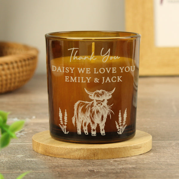 Personalised Engraved Highland Cow Amber Glass Candle